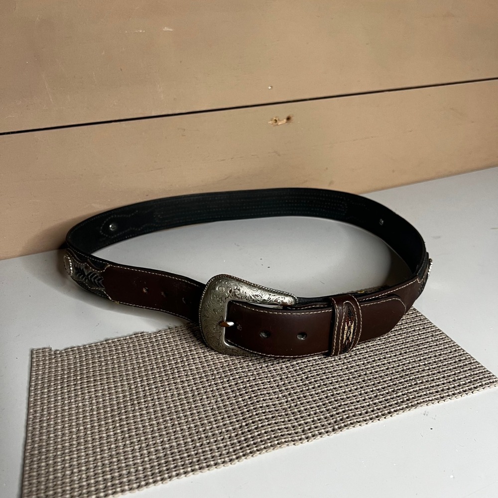 Nocona Mens Brown Leather Western Belt Woven Inlay Silver Concho Buckle Size 36